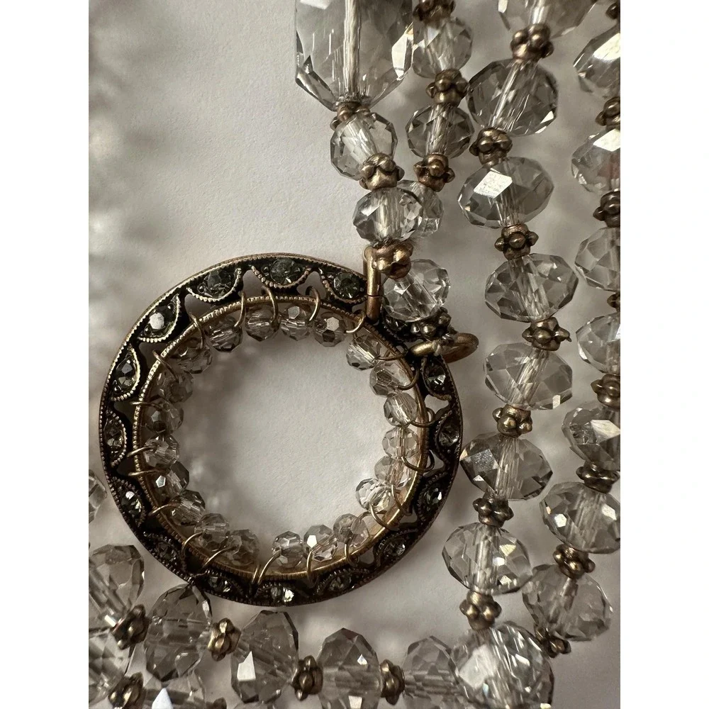 Gold Tone Clear SmokyCrystal Beaded Necklace Rhinestone Pendant Toggle Statement